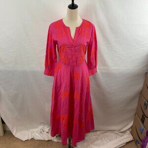 Nimo Maxi Dress S Pink Bright Orange Embroidery V-Neck Long 3/4 Sleeve